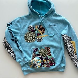 Upcycled maui hoodie size L light blue unisex handmade recycled clothing